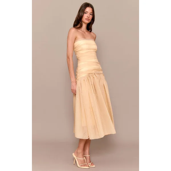 Jaune Robe Midi En Organza À Corsage Froncé