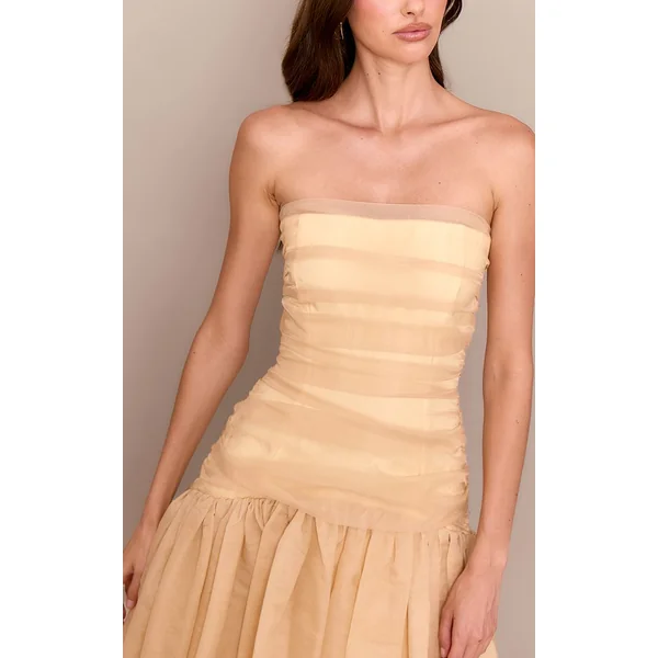 Jaune Robe Midi En Organza À Corsage Froncé