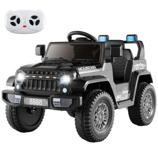 Jeep Electrique 12V pour 3 Ans+ Double Moteur 3 Vitesses Suspension à 4 Ressorts Démarrage et Arrêt Lents Musique Klaxon Lumières LED Noir