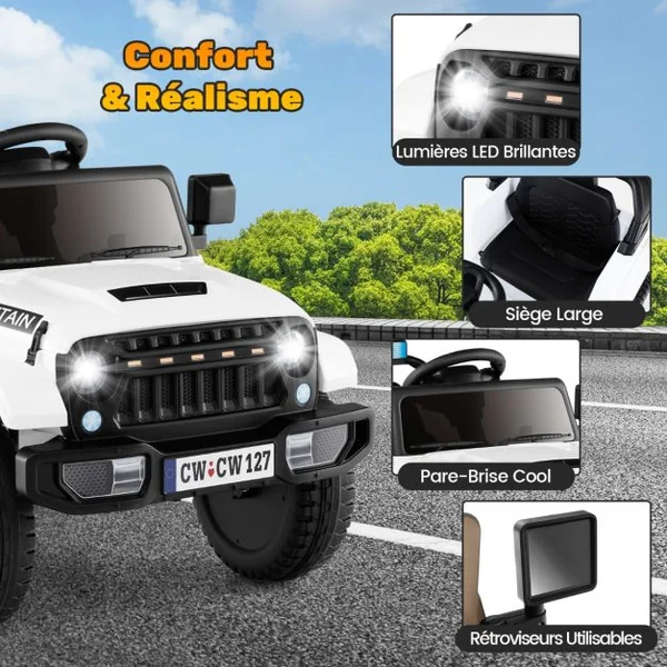 Jeep Electrique 12V pour 3 Ans+ Double Moteur 3 Vitesses Suspension à 4 Ressorts Démarrage et Arrêt Lents Musique Klaxon Lumières LED Noir