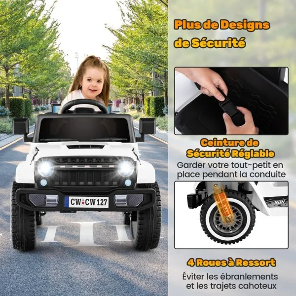 Jeep Electrique 12V pour 3 Ans+ Double Moteur 3 Vitesses Suspension à 4 Ressorts Démarrage et Arrêt Lents Musique Klaxon Lumières LED Noir