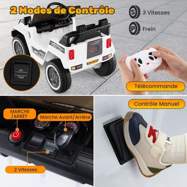 Jeep Electrique 12V pour 3 Ans+ Double Moteur 3 Vitesses Suspension à 4 Ressorts Démarrage et Arrêt Lents Musique Klaxon Lumières LED Noir
