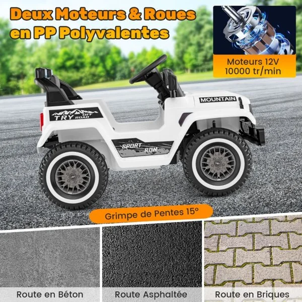 Jeep Electrique 12V pour 3 Ans+ Double Moteur 3 Vitesses Suspension à 4 Ressorts Démarrage et Arrêt Lents Musique Klaxon Lumières LED Noir