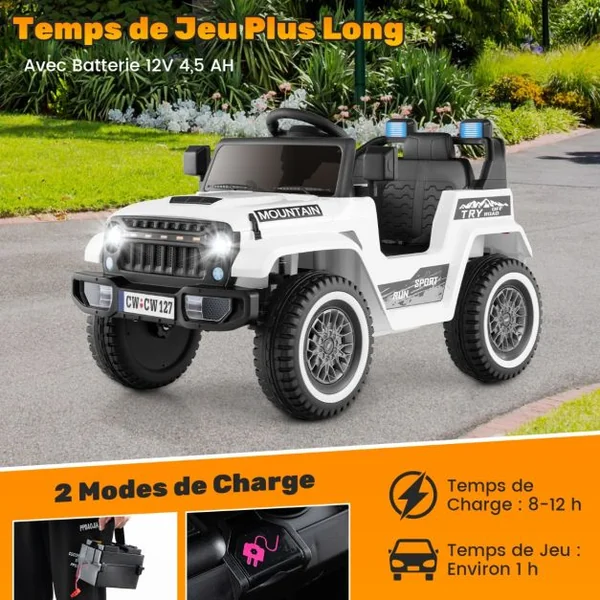 Jeep Electrique 12V pour 3 Ans+ Double Moteur 3 Vitesses Suspension à 4 Ressorts Démarrage et Arrêt Lents Musique Klaxon Lumières LED Noir