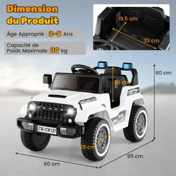 Jeep Electrique 12V pour 3 Ans+ Double Moteur 3 Vitesses Suspension à 4 Ressorts Démarrage et Arrêt Lents Musique Klaxon Lumières LED Noir