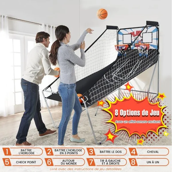 Jeu de Basketball Arcade Panier Compteur Basketball Panier de Basketball Arcade Blanc et Noir 185x108x205cm en Acier Bleu/Blanc/Gris/Violet