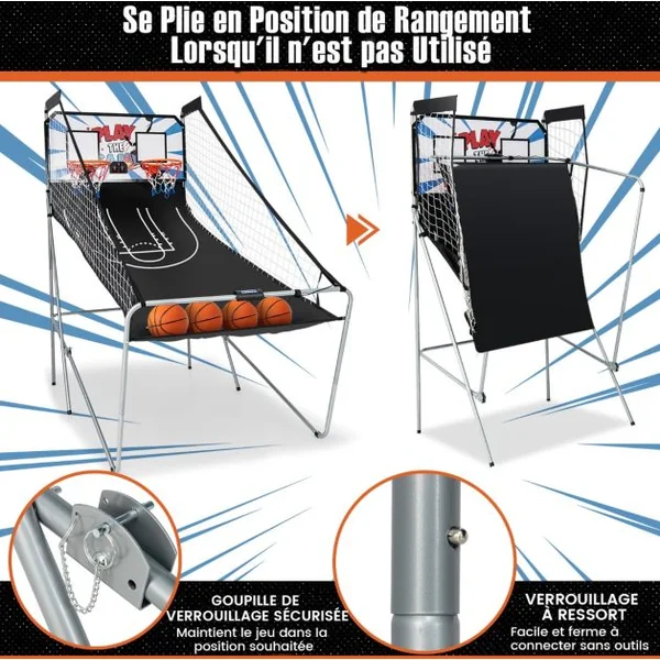 Jeu de Basketball Arcade Panier Compteur Basketball Panier de Basketball Arcade Blanc et Noir 185x108x205cm en Acier Bleu/Blanc/Gris/Violet