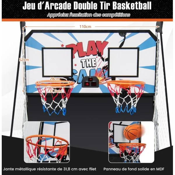 Jeu de Basketball Arcade Panier Compteur Basketball Panier de Basketball Arcade Blanc et Noir 185x108x205cm en Acier Bleu/Blanc/Gris/Violet