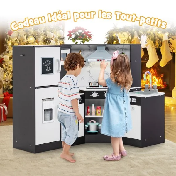 Jeu de Cuisine d'Angle en Bois Évier Séparé Sons et Lumières Micro-ondes Machine à Glaçons et Lave-vaisselle Simulés Tableau Blanc/Marron/Rose