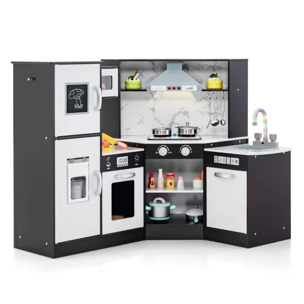 Jeu de Cuisine d'Angle en Bois Évier Séparé Sons et Lumières Micro-ondes Machine à Glaçons et Lave-vaisselle Simulés Tableau Blanc/Marron/Rose