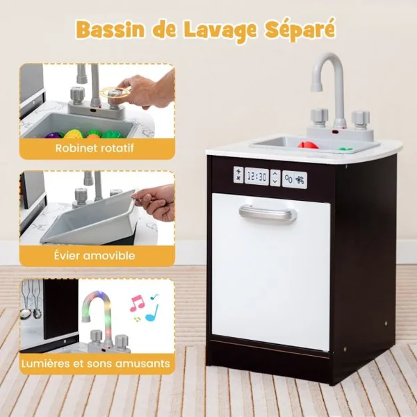 Jeu de Cuisine d'Angle en Bois Évier Séparé Sons et Lumières Micro-ondes Machine à Glaçons et Lave-vaisselle Simulés Tableau Blanc/Marron/Rose