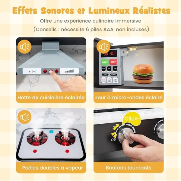 Jeu de Cuisine d'Angle en Bois Évier Séparé Sons et Lumières Micro-ondes Machine à Glaçons et Lave-vaisselle Simulés Tableau Blanc/Marron/Rose