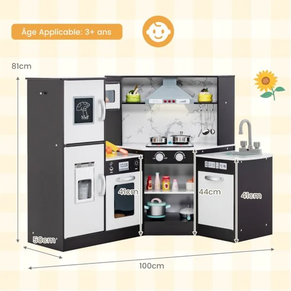 Jeu de Cuisine d'Angle en Bois Évier Séparé Sons et Lumières Micro-ondes Machine à Glaçons et Lave-vaisselle Simulés Tableau Blanc/Marron/Rose