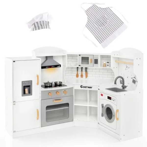 Jeu de Cuisine d'Angle pour Enfants de 3 Ans et Plus en Bois Machine à Glaçons Micro-ondes Four Évier Accessoires Effets Sonores et Lumineux