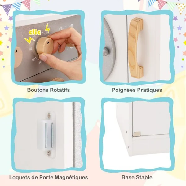 Jeu de Cuisine d'Angle pour Enfants de 3 Ans et Plus en Bois Machine à Glaçons Micro-ondes Four Évier Accessoires Effets Sonores et Lumineux