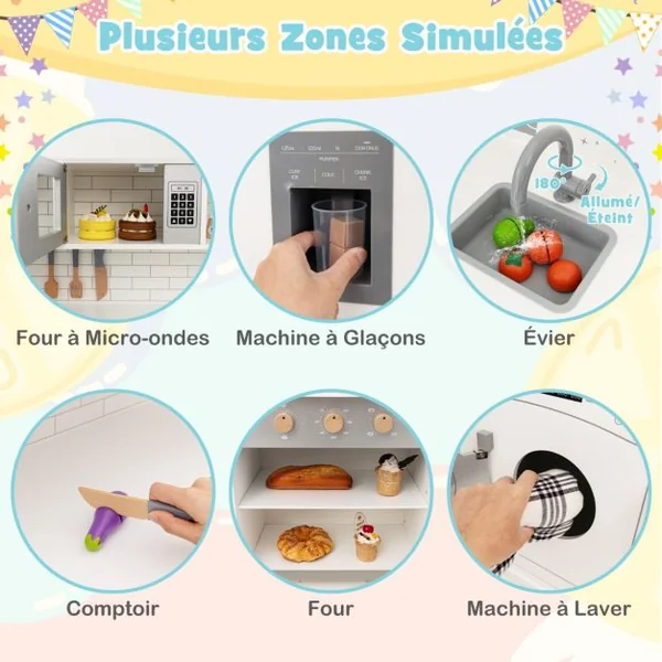 Jeu de Cuisine d'Angle pour Enfants de 3 Ans et Plus en Bois Machine à Glaçons Micro-ondes Four Évier Accessoires Effets Sonores et Lumineux
