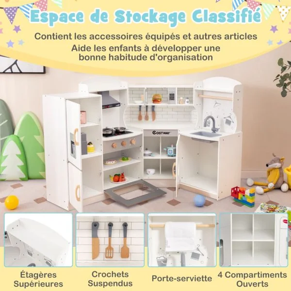 Jeu de Cuisine d'Angle pour Enfants de 3 Ans et Plus en Bois Machine à Glaçons Micro-ondes Four Évier Accessoires Effets Sonores et Lumineux