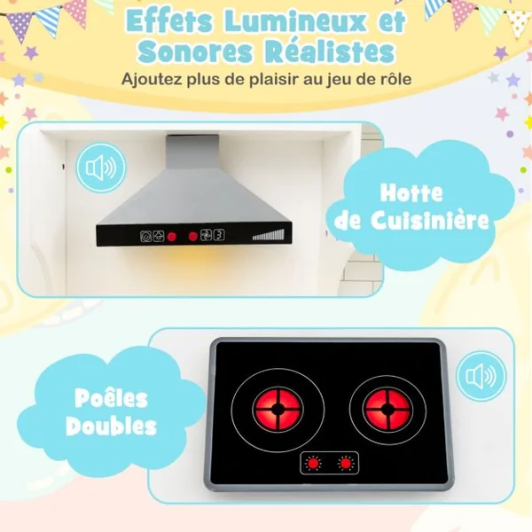 Jeu de Cuisine d'Angle pour Enfants de 3 Ans et Plus en Bois Machine à Glaçons Micro-ondes Four Évier Accessoires Effets Sonores et Lumineux