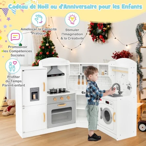 Jeu de Cuisine d'Angle pour Enfants de 3 Ans et Plus en Bois Machine à Glaçons Micro-ondes Four Évier Accessoires Effets Sonores et Lumineux