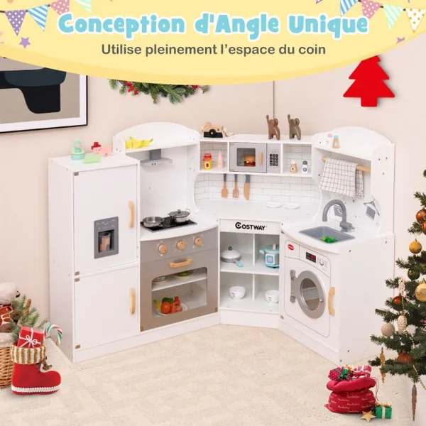 Jeu de Cuisine d'Angle pour Enfants de 3 Ans et Plus en Bois Machine à Glaçons Micro-ondes Four Évier Accessoires Effets Sonores et Lumineux