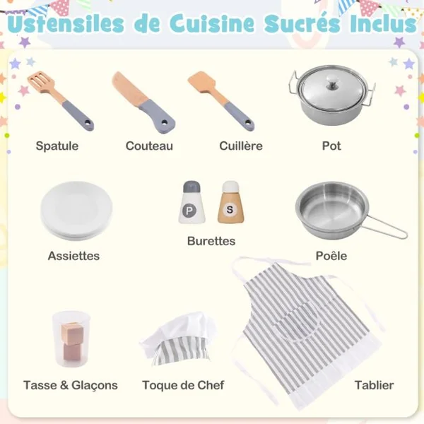 Jeu de Cuisine d'Angle pour Enfants de 3 Ans et Plus en Bois Machine à Glaçons Micro-ondes Four Évier Accessoires Effets Sonores et Lumineux