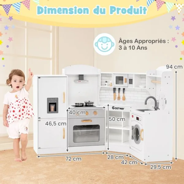 Jeu de Cuisine d'Angle pour Enfants de 3 Ans et Plus en Bois Machine à Glaçons Micro-ondes Four Évier Accessoires Effets Sonores et Lumineux