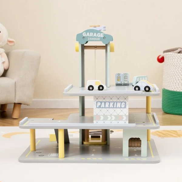 Jeu de Garage en Bois a 3 Niveaux avec 4 Petites Voitures Hélicoptère Héliport Station-Service pour Les Enfants de 3 Ans et Plus Gris