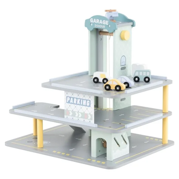 Jeu de Garage en Bois a 3 Niveaux avec 4 Petites Voitures Hélicoptère Héliport Station-Service pour Les Enfants de 3 Ans et Plus Gris