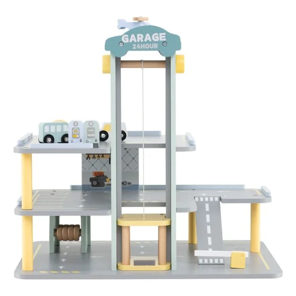 Jeu de Garage en Bois a 3 Niveaux avec 4 Petites Voitures Hélicoptère Héliport Station-Service pour Les Enfants de 3 Ans et Plus Gris