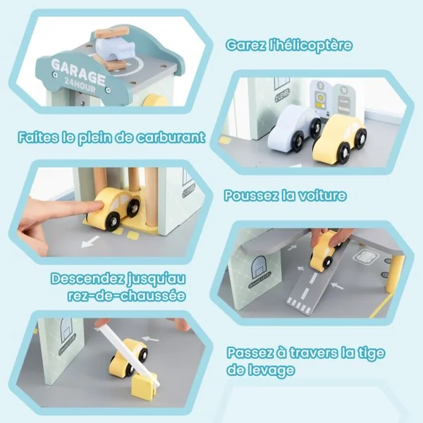 Jeu de Garage en Bois a 3 Niveaux avec 4 Petites Voitures Hélicoptère Héliport Station-Service pour Les Enfants de 3 Ans et Plus Gris