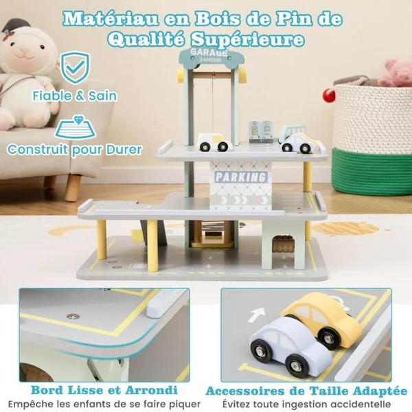 Jeu de Garage en Bois a 3 Niveaux avec 4 Petites Voitures Hélicoptère Héliport Station-Service pour Les Enfants de 3 Ans et Plus Gris