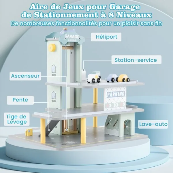 Jeu de Garage en Bois a 3 Niveaux avec 4 Petites Voitures Hélicoptère Héliport Station-Service pour Les Enfants de 3 Ans et Plus Gris