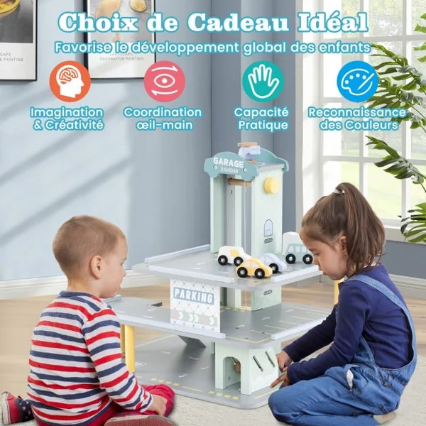 Jeu de Garage en Bois a 3 Niveaux avec 4 Petites Voitures Hélicoptère Héliport Station-Service pour Les Enfants de 3 Ans et Plus Gris