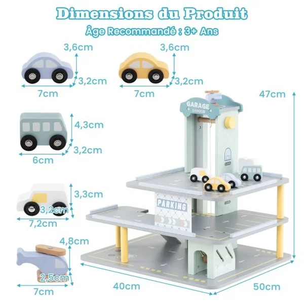 Jeu de Garage en Bois a 3 Niveaux avec 4 Petites Voitures Hélicoptère Héliport Station-Service pour Les Enfants de 3 Ans et Plus Gris