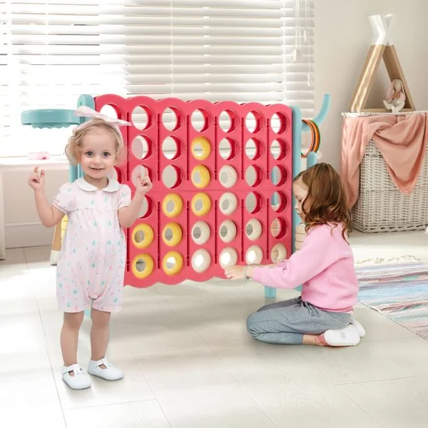 Jeu de Puissance 4 Géant avec Panier de Basket et Lancer D’anneaux 42 Pièces Levier à Dégagement Rapide Jeu Surdimensionné pour Enfants et Adultes Bleu/Rose