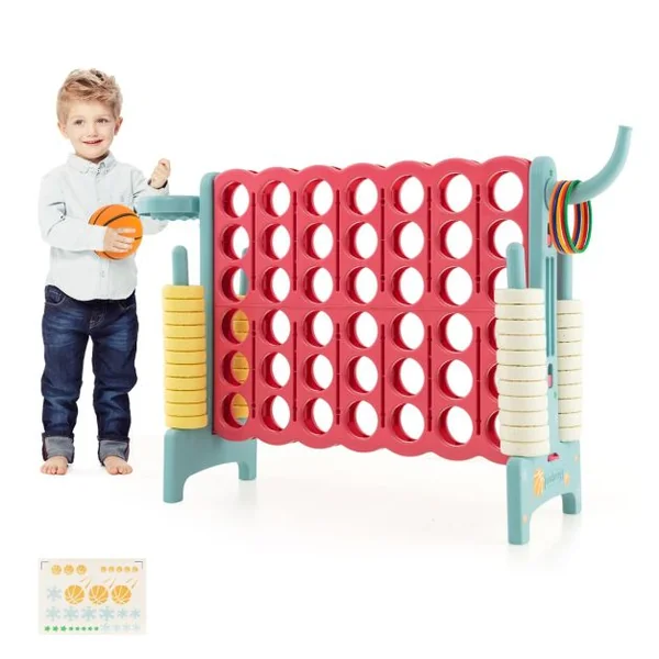 Jeu de Puissance 4 Géant avec Panier de Basket et Lancer D’anneaux 42 Pièces Levier à Dégagement Rapide Jeu Surdimensionné pour Enfants et Adultes Bleu/Rose