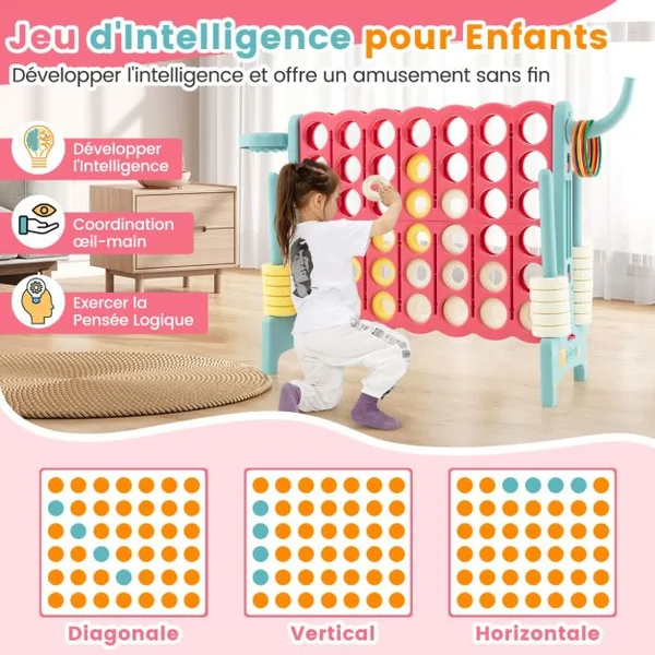 Jeu de Puissance 4 Géant avec Panier de Basket et Lancer D’anneaux 42 Pièces Levier à Dégagement Rapide Jeu Surdimensionné pour Enfants et Adultes Bleu/Rose