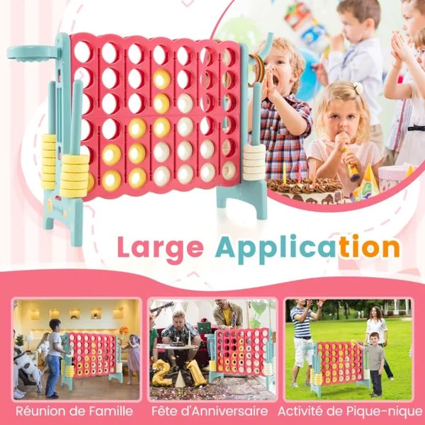 Jeu de Puissance 4 Géant avec Panier de Basket et Lancer D’anneaux 42 Pièces Levier à Dégagement Rapide Jeu Surdimensionné pour Enfants et Adultes Bleu/Rose