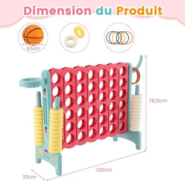 Jeu de Puissance 4 Géant avec Panier de Basket et Lancer D’anneaux 42 Pièces Levier à Dégagement Rapide Jeu Surdimensionné pour Enfants et Adultes Bleu/Rose