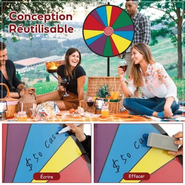Jeu de Roue de Prix de 76 cm Roue de Prix Rotative Réglable en Hauteur avec Support Jeu de Fortune Réunion de Famille