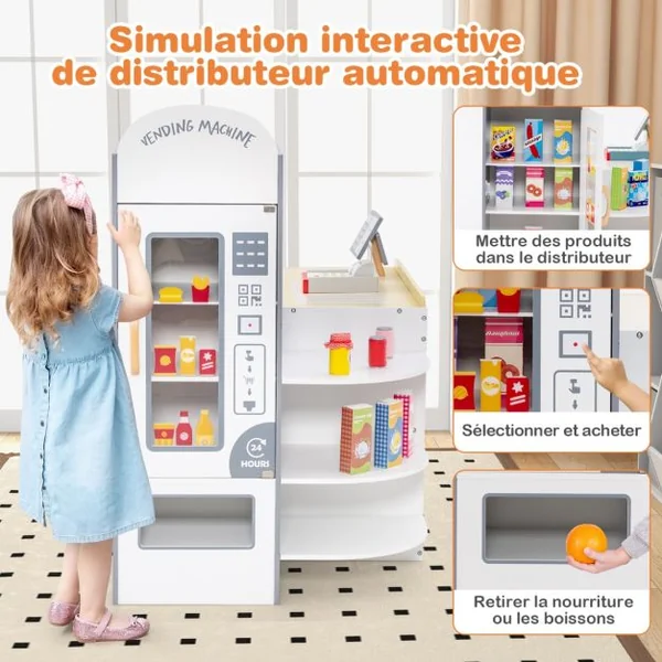Jeu d'Épicerie pour Enfants de 3 à 8 Ans Ensemble de Jouets de Caisse Enregistreuse Machine de Point de Vente Distributeur Automatique Blanc/Gris/Rose/Vert