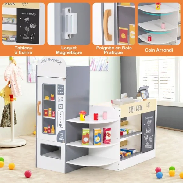 Jeu d'Épicerie pour Enfants de 3 à 8 Ans Ensemble de Jouets de Caisse Enregistreuse Machine de Point de Vente Distributeur Automatique Blanc/Gris/Rose/Vert