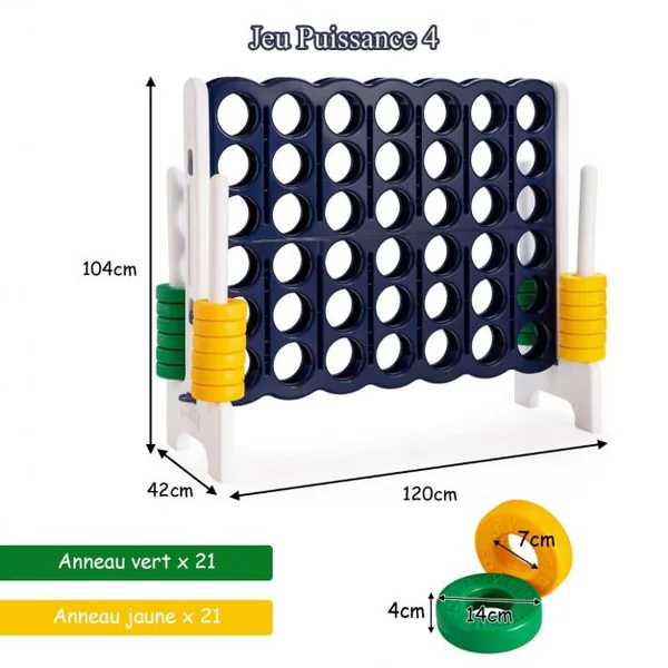 Jeu Puissance 4 Géant avec 42 Anneaux et 2 Leviers de Redémarrage pour Fête Intérieur Extérieur 120x42x104cm Bleu