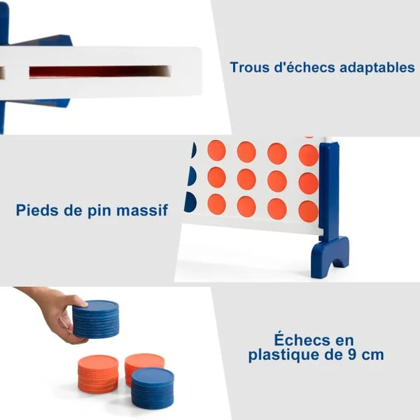 Jeu Puissance 4 Géant en Bois avec 42 Pièces en Plastique Jeu de Société avec Pieds en Bois Massif Sac de Transport 83,5 X 20,5 X 71,5 cm Blanc