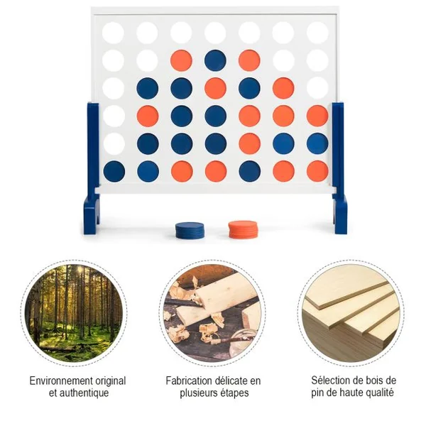 Jeu Puissance 4 Géant en Bois avec 42 Pièces en Plastique Jeu de Société avec Pieds en Bois Massif Sac de Transport 83,5 X 20,5 X 71,5 cm Blanc