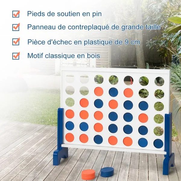 Jeu Puissance 4 Géant en Bois avec 42 Pièces en Plastique Jeu de Société avec Pieds en Bois Massif Sac de Transport 83,5 X 20,5 X 71,5 cm Blanc