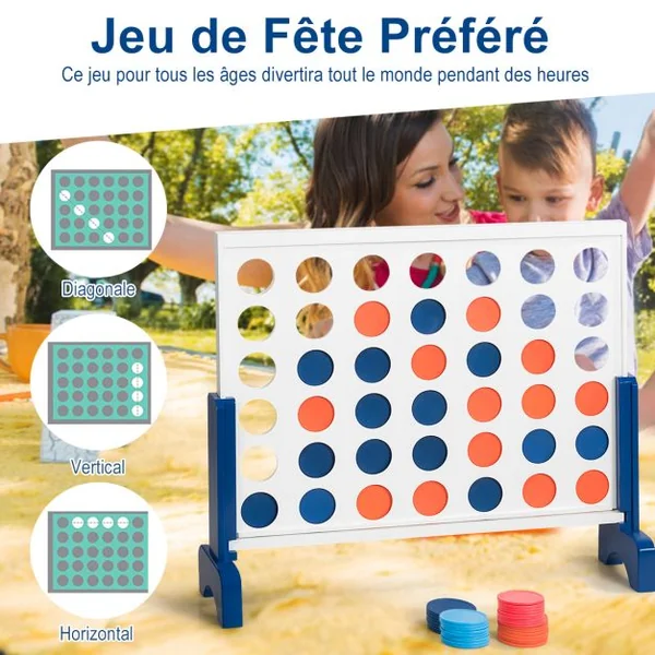 Jeu Puissance 4 Géant en Bois avec 42 Pièces en Plastique Jeu de Société avec Pieds en Bois Massif Sac de Transport 83,5 X 20,5 X 71,5 cm Blanc