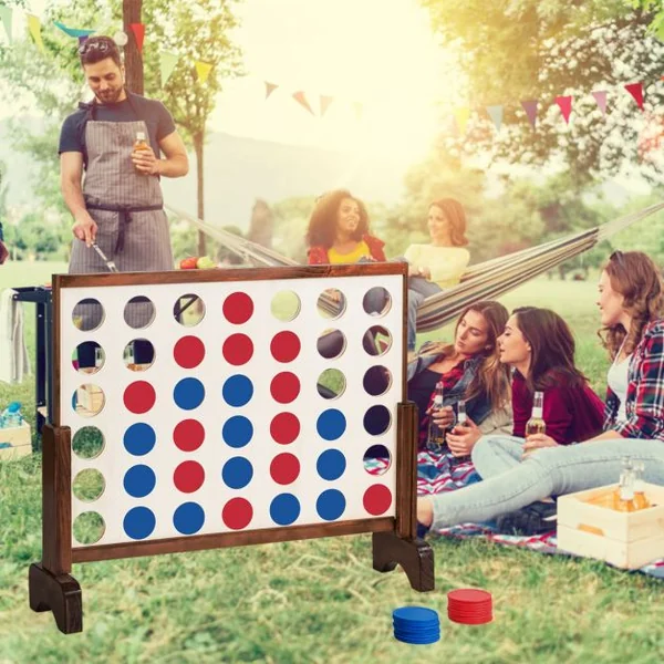 Jeu Puissance 4 Géant en Bois avec 42 Pièces en Plastique Jeu de Société avec Pieds en Bois Massif Sac de Transport 83,5 X 20,5 X 71,5 cm Naturel