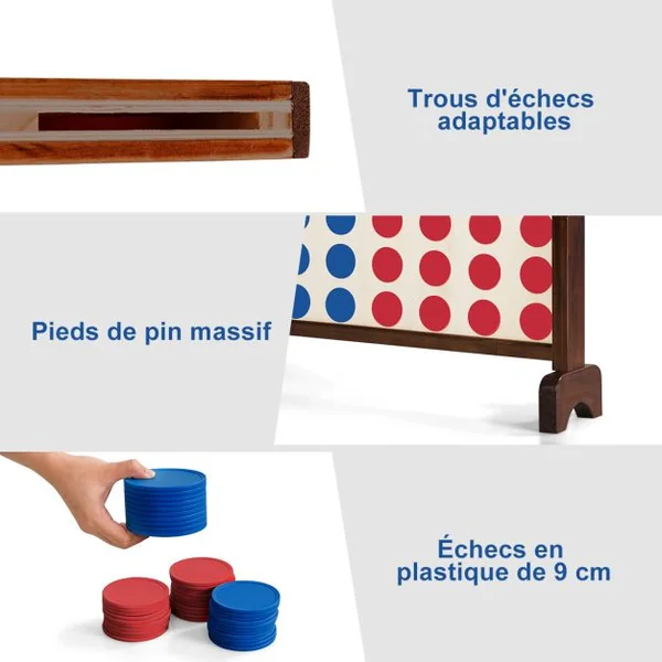 Jeu Puissance 4 Géant en Bois avec 42 Pièces en Plastique Jeu de Société avec Pieds en Bois Massif Sac de Transport 83,5 X 20,5 X 71,5 cm Naturel