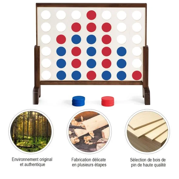 Jeu Puissance 4 Géant en Bois avec 42 Pièces en Plastique Jeu de Société avec Pieds en Bois Massif Sac de Transport 83,5 X 20,5 X 71,5 cm Naturel